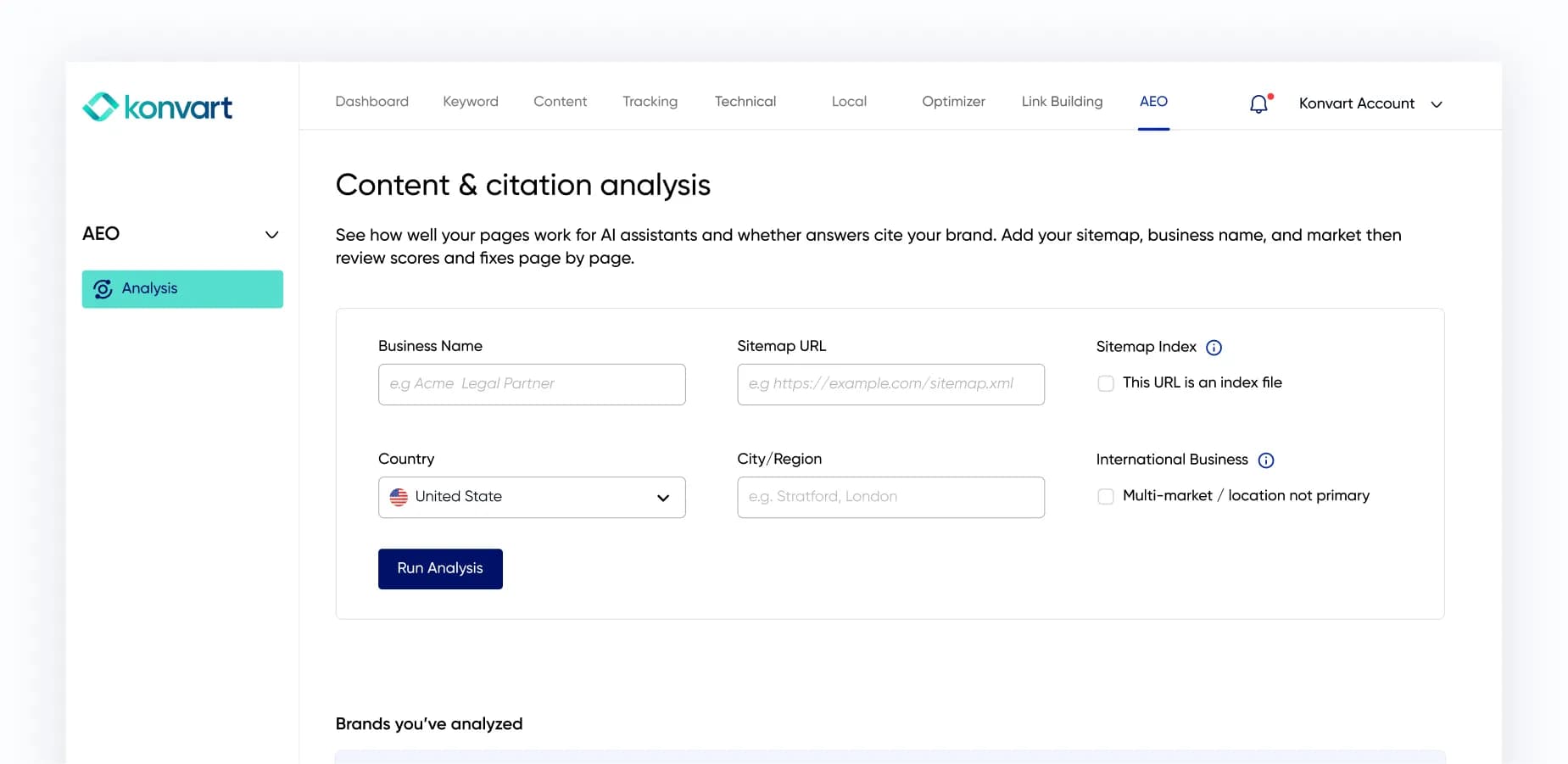 Konvart AEO content and citation analysis tool interface