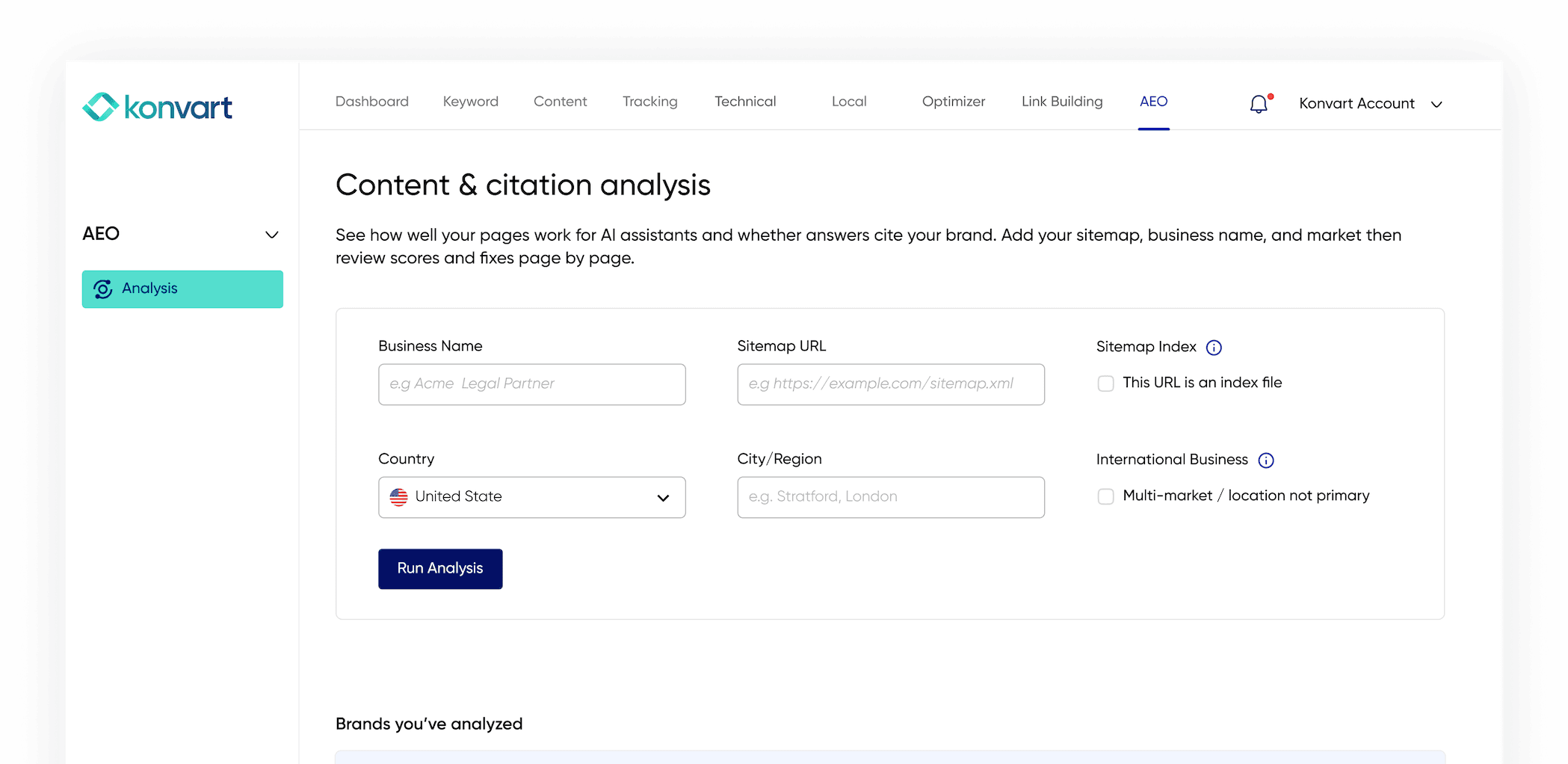 Konvart AEO content and citation analysis tool interface