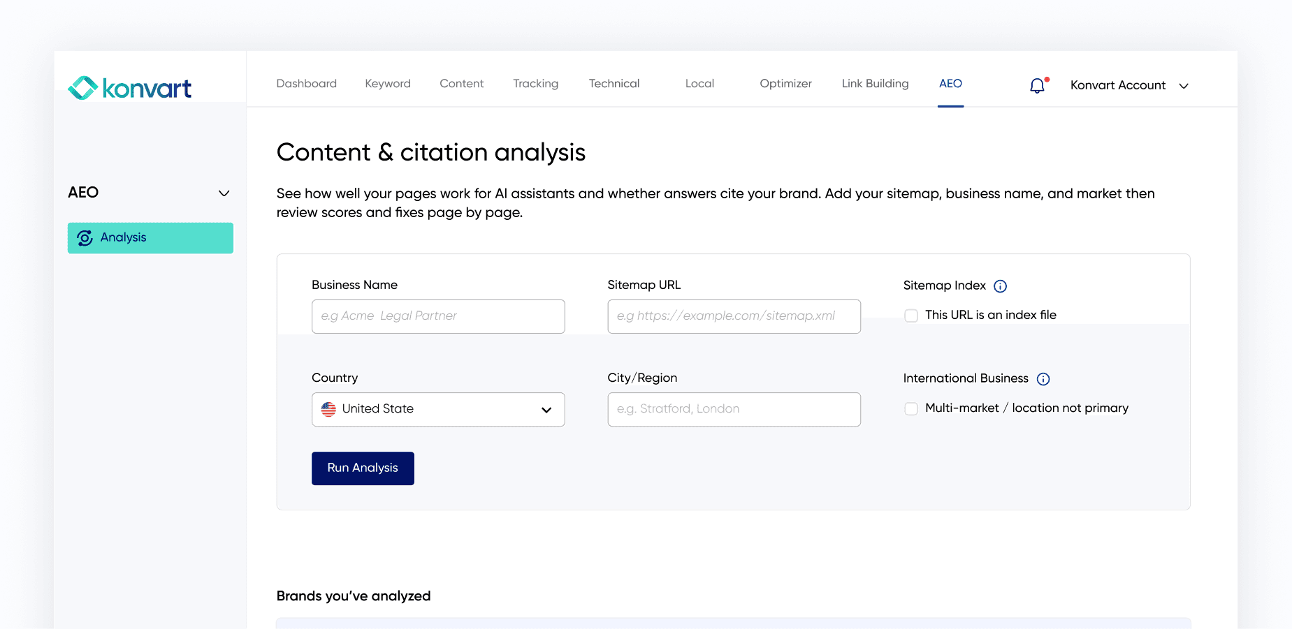Konvart AEO content and citation analysis tool interface