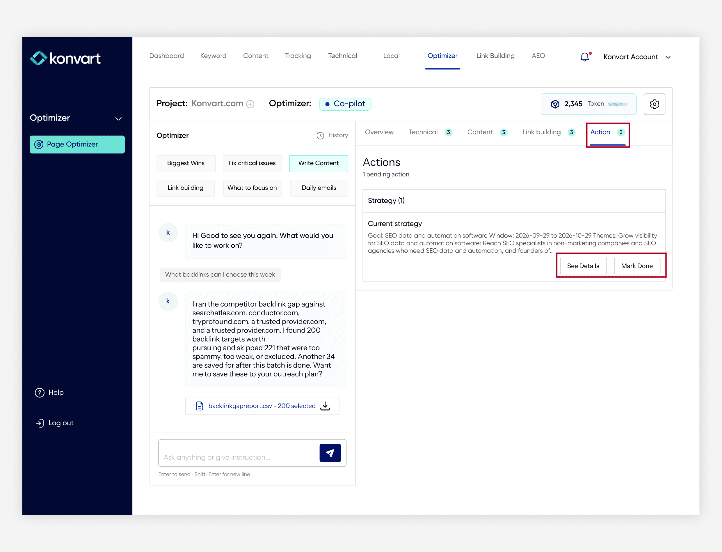 Konvart Optimizer weekly plan and actions interface