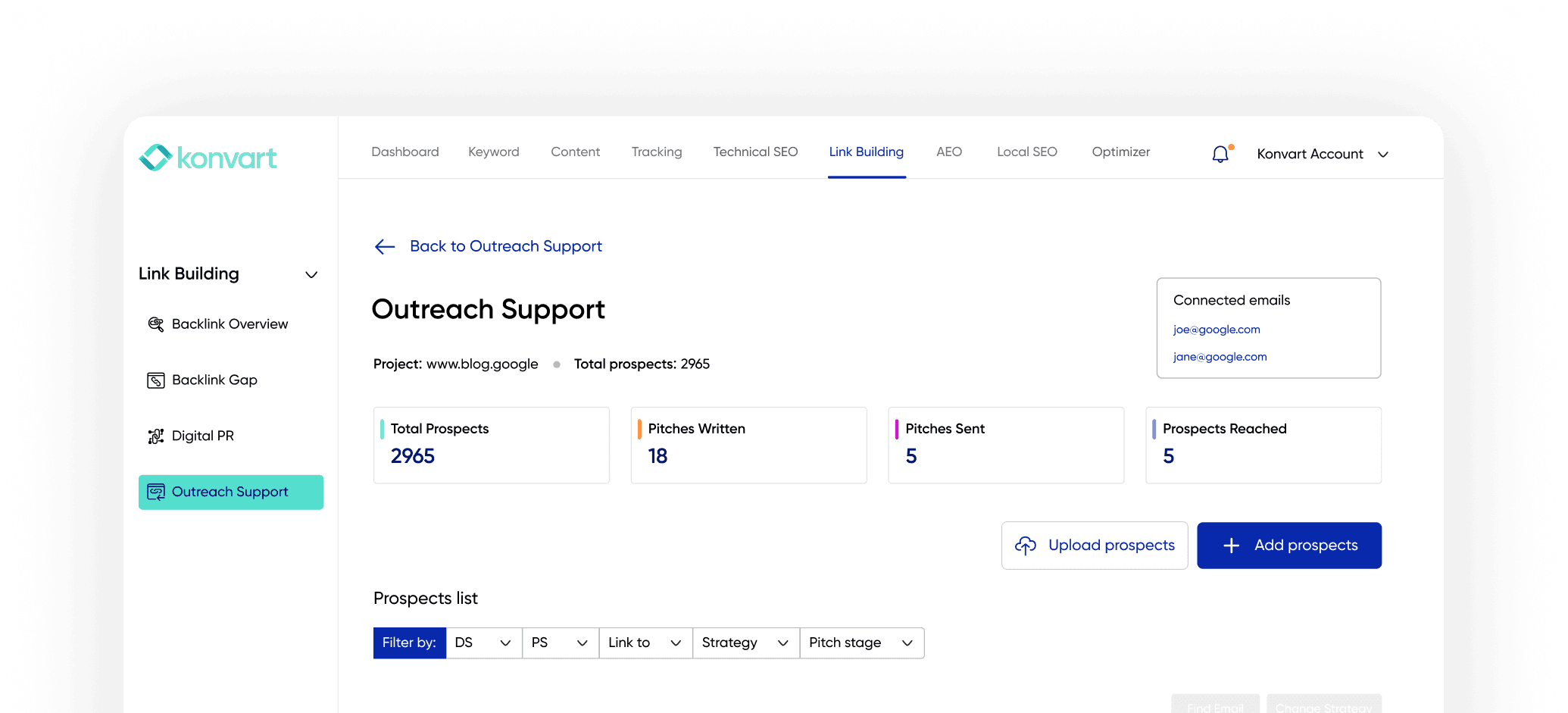 Konvart Outreach Support dashboard showing prospects and pitches