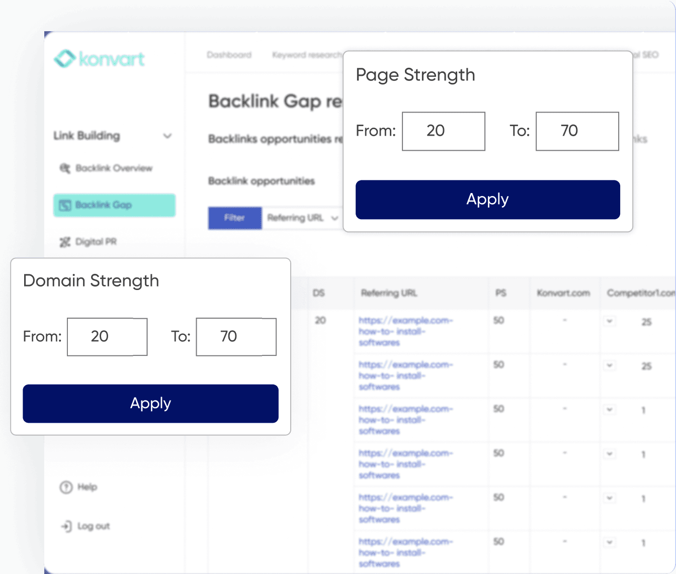 Backlink gap result page
