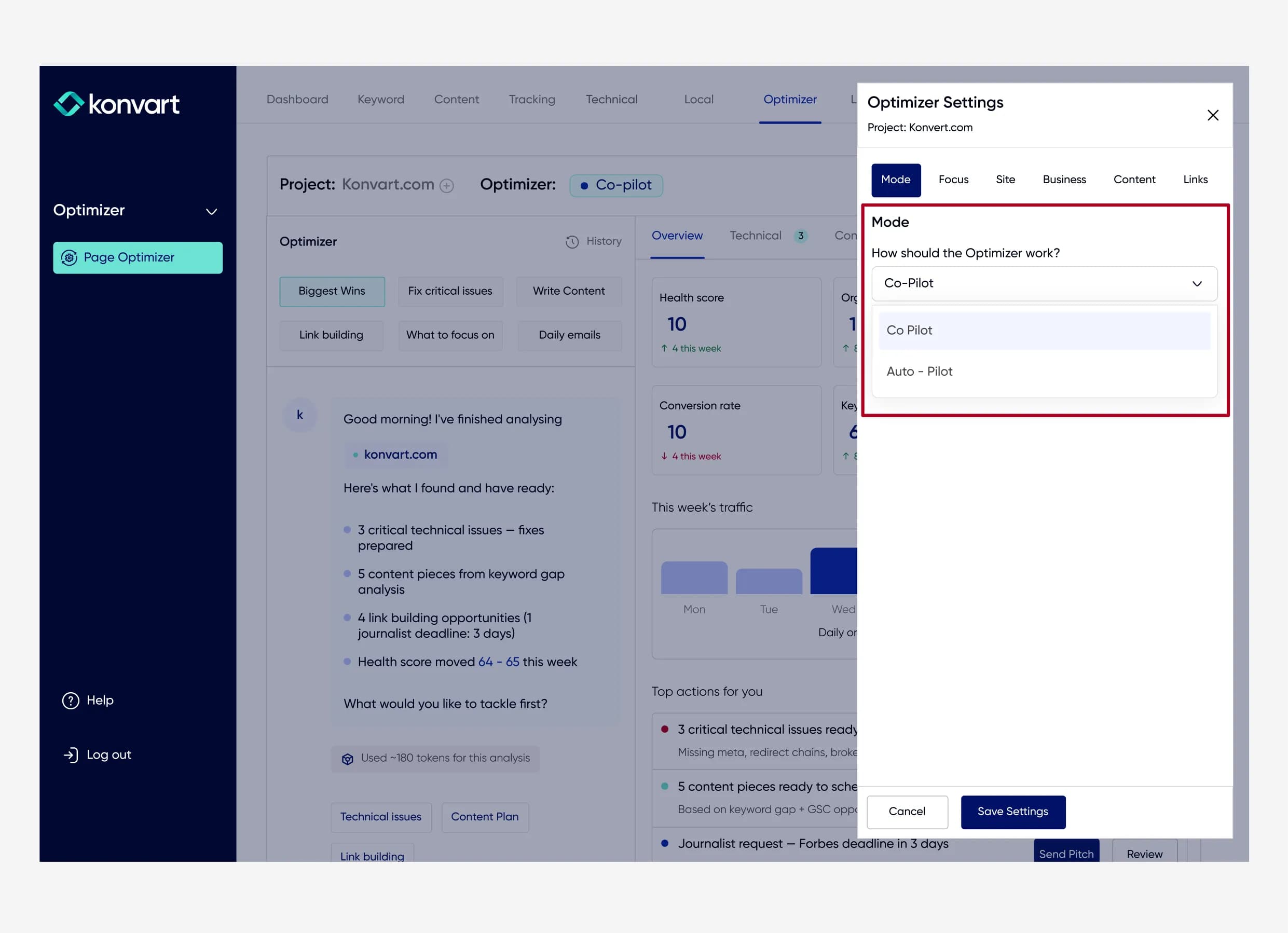 Konvart Optimizer co-pilot and autopilot settings