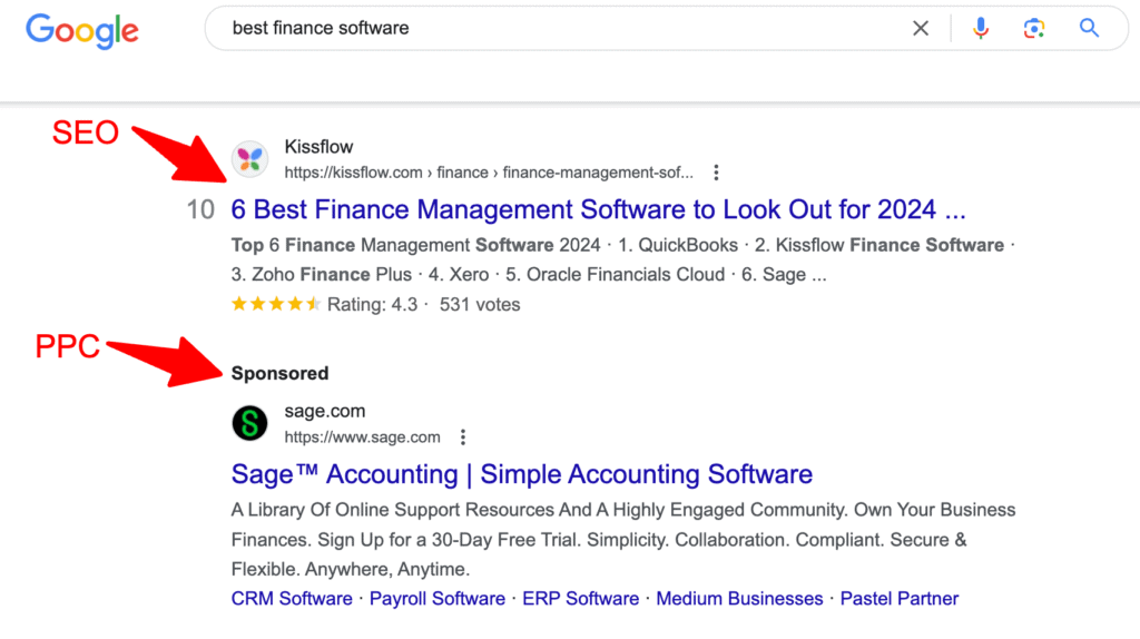 a screenshot of google search results showing an SEO result and an ad from PPC