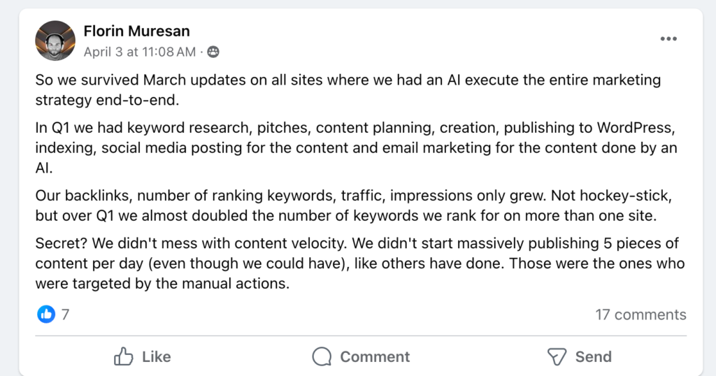 A screenshot of a comment from a Facebook group saying that their AI websites did fine with the Google March update.