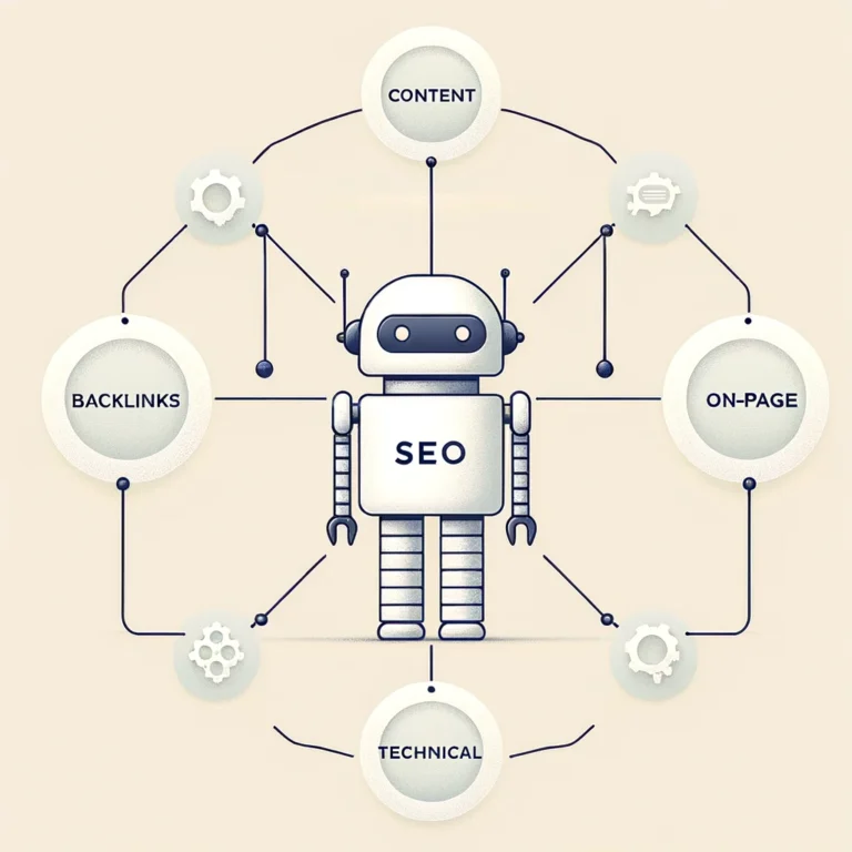 a robot with content, backlinks, technical and onpage seo surrounding it to represent SEO automation