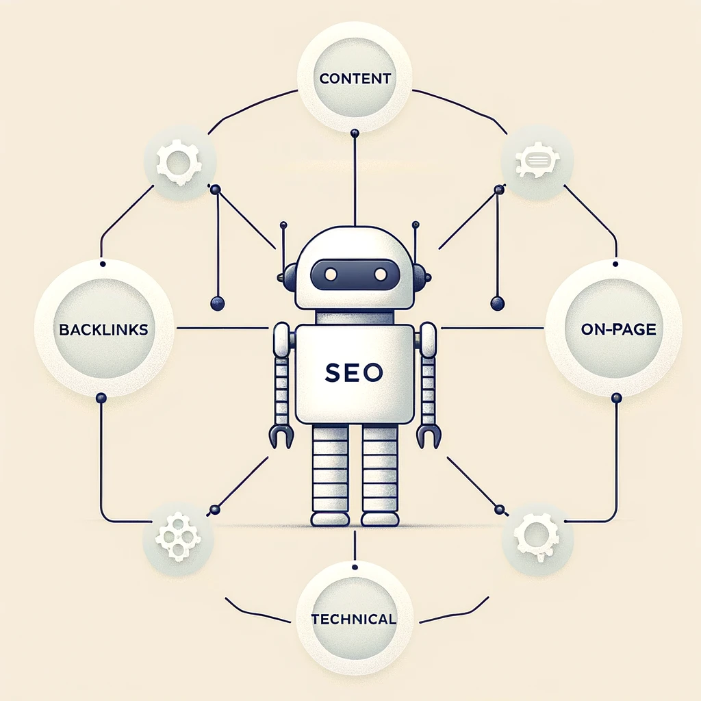 a robot with content, backlinks, technical and onpage seo surrounding it to represent SEO automation