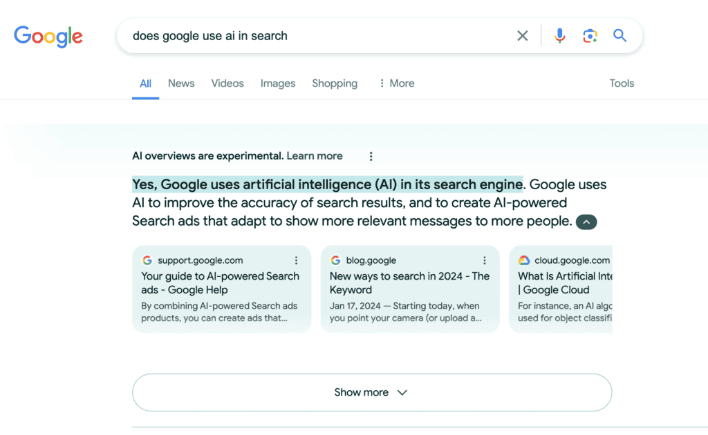 Google search results with AI answers