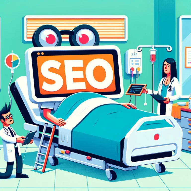 a carton on a bed to represent SEO and two medical professionals at its side checking if SEO is dead