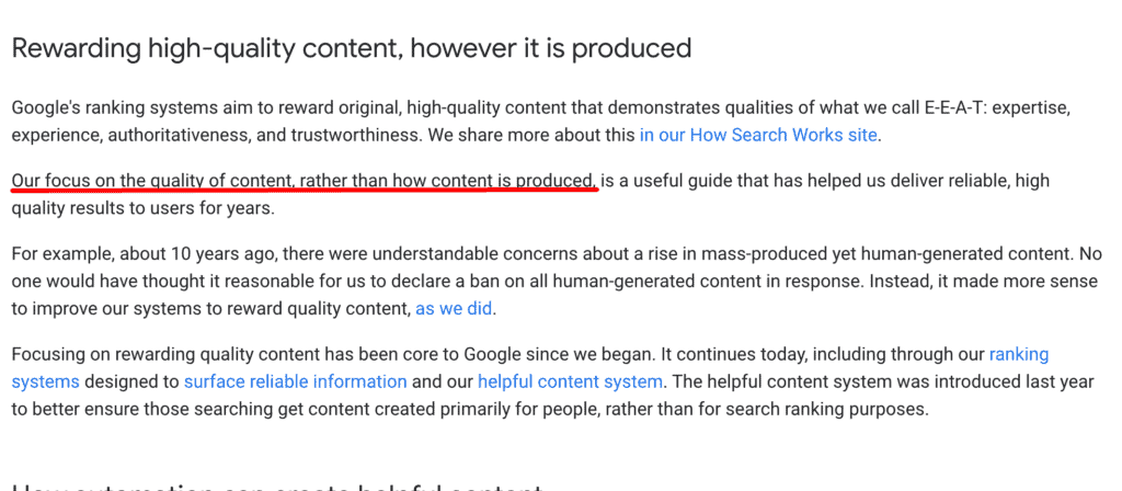 Google's guideline on the use of AI in SEO content.