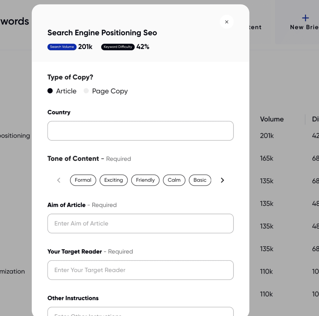 Konvart's SEO content generation modal, showing instructions that users can provide to enhance their content.